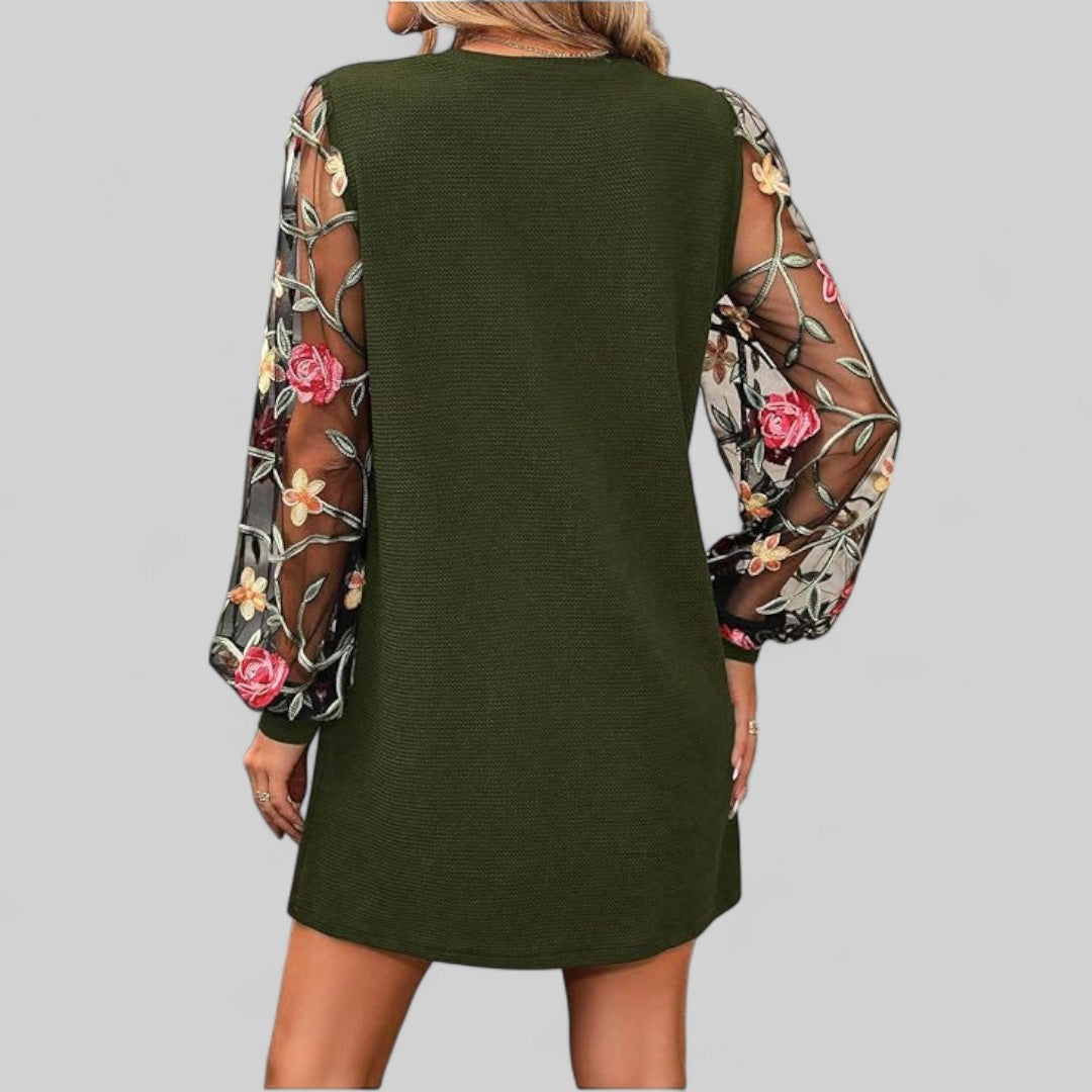Diana Verde™ | Elegancka mini sukienka z okrągłym dekoltem i przezroczystymi rękawami