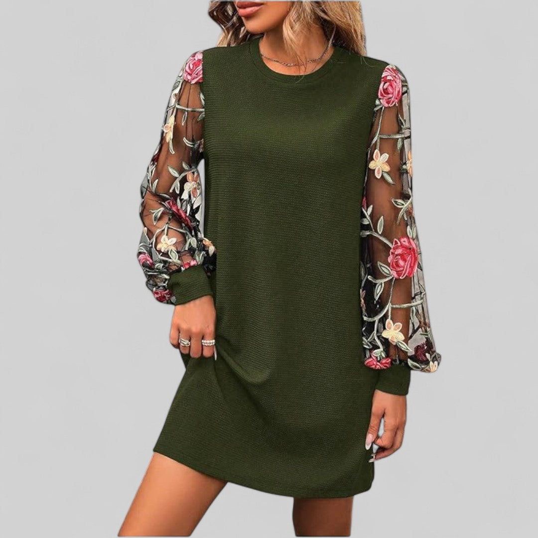 Diana Verde™ | Elegancka mini sukienka z okrągłym dekoltem i przezroczystymi rękawami