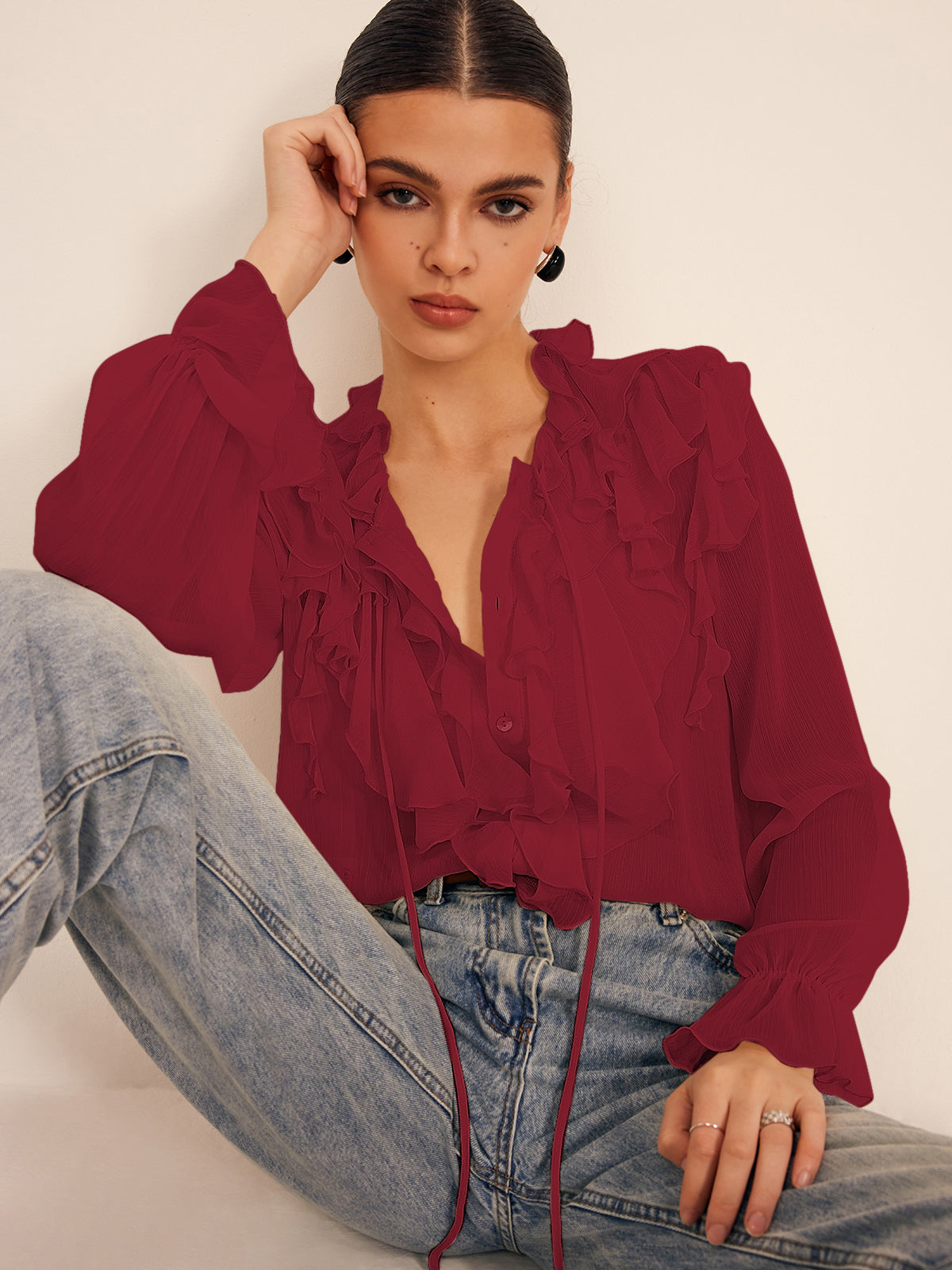 Cienka bluzka z falbanami z chiffon