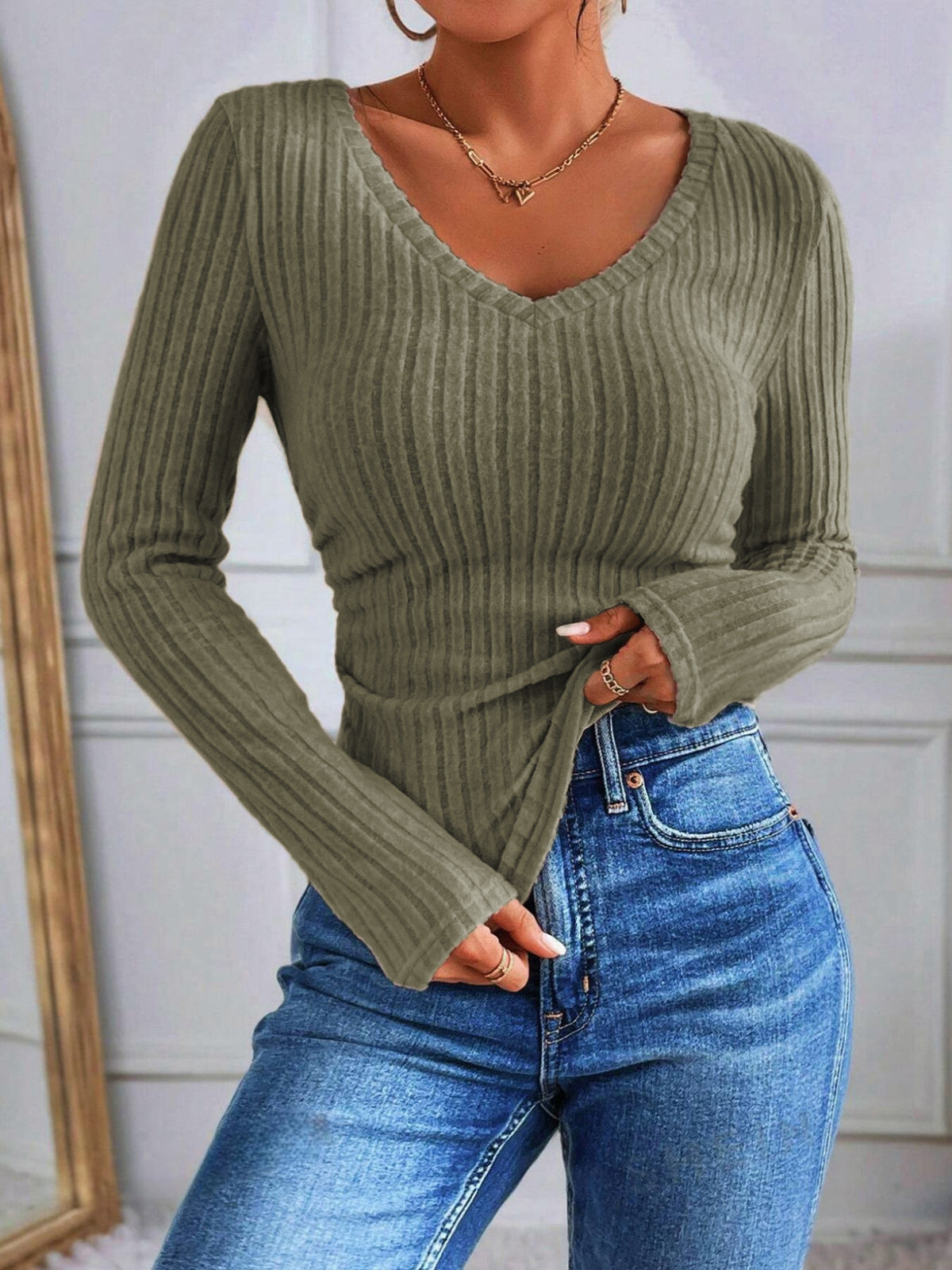 Bluzka Skinny z Dekoltem w Serek i Paskami