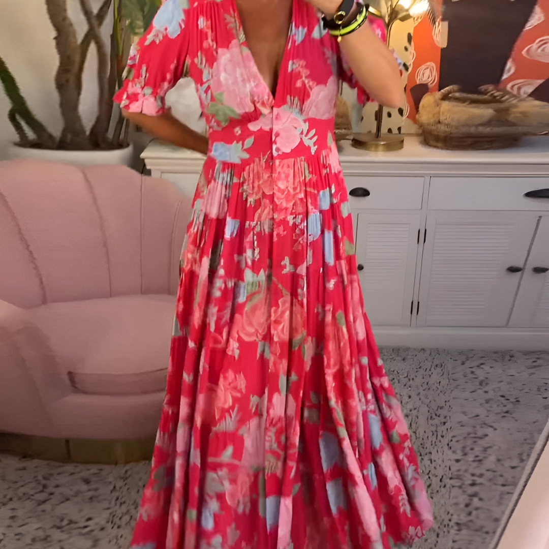 Carine – Sukienka letnia | Damska | Kwiatowy wzór i dekolt w serek | Z kieszeniami i flirtujący styl | IVY&CO